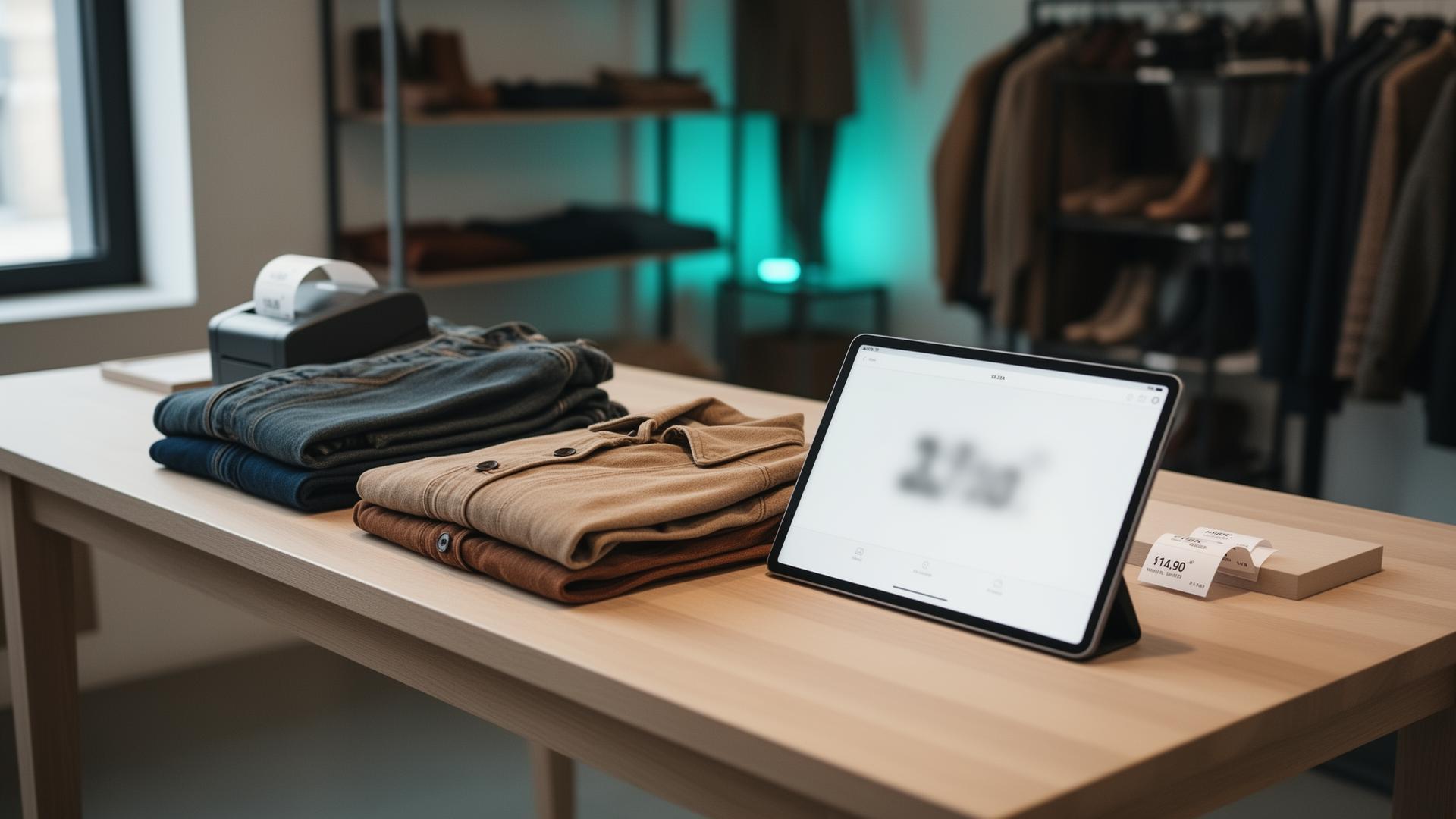 Mesa de avaliação de peças com tablet e impressora de etiquetas